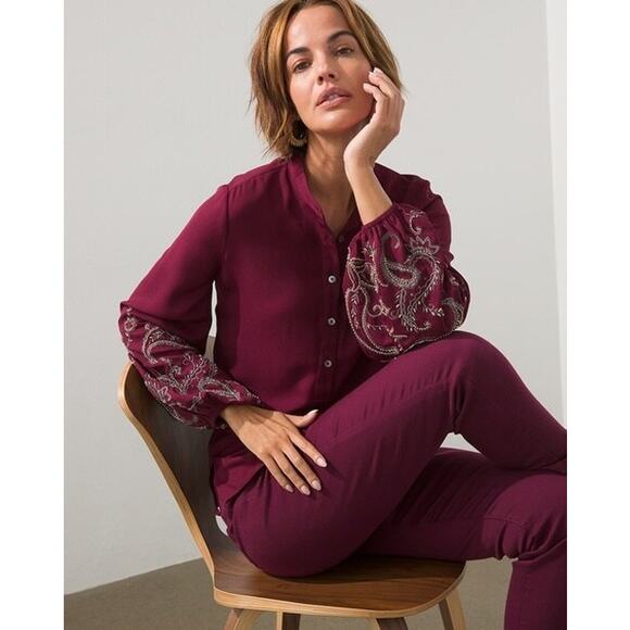 Chico's Burgundy Blouse with Embroidered Sleeves - Picture 2 of 7